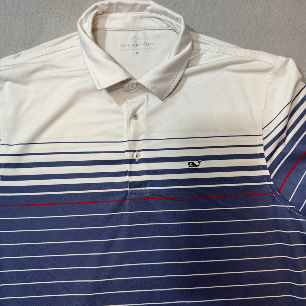 Vineyard Vines Polo Shirt Men M Blue White Good Striped Performance Short Sleeve